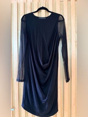 María Calderara - Elegant Black Draped Mesh Sleeve Dress